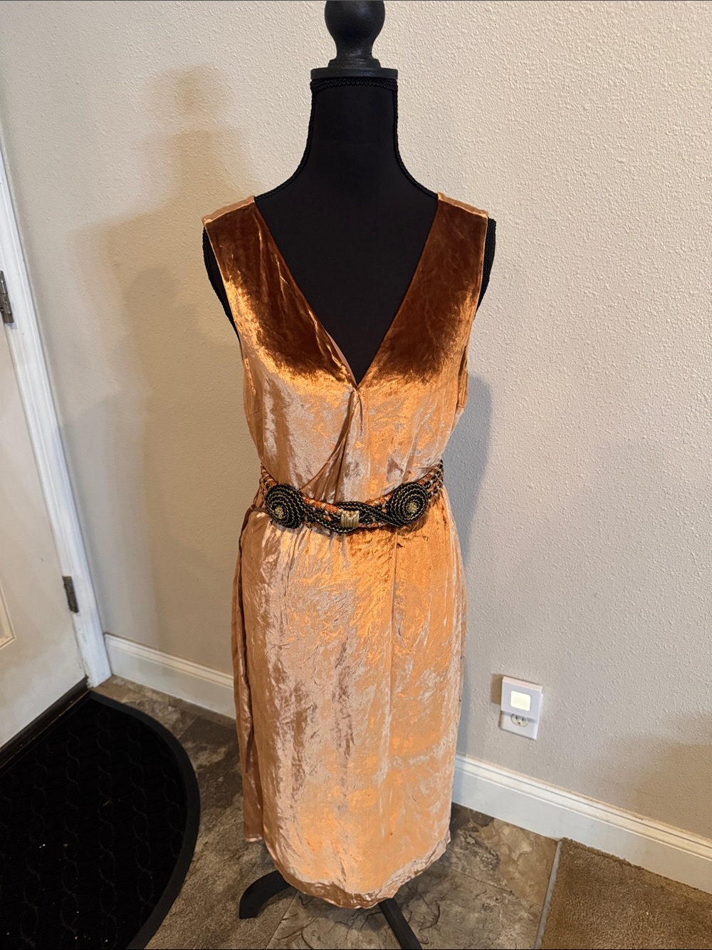 Vince Copper-Orange Velvet Midi Dress with Decorative Belt